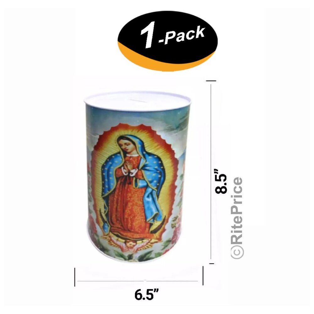Large 8.5" Tin Money Maria Printed Piggy Bank, Religious Guadalupe Coin Bank